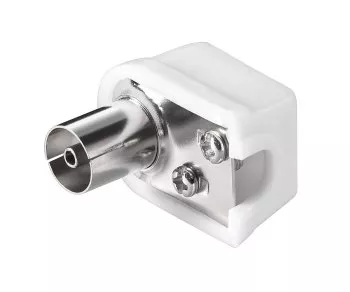 Raccordo a gomito coassiale DINIC in plastica (sottile), fissaggio a vite, connessione al cavo coassiale, scatola DINIC con foro Euro